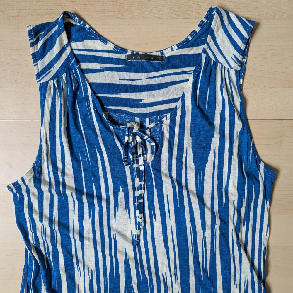 Velvet by Graham & Spencer High Low Sleeveless Blue and White‎ Dress Made In USA - Picture 2 of 12